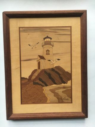 Hudson River Inlay Wood Marquetry Picture " Lighthouse Rock " Jeffrey Nelson