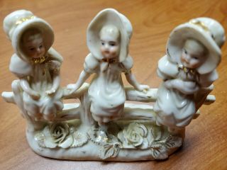 Staffordshire Pottery Figurine 3 Girls On A Fence White & Gold Painted