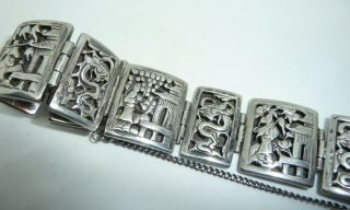 Antique Vintage Chinese Silver Pagoda & Dragon Linked Panel Cuff Bracelet
