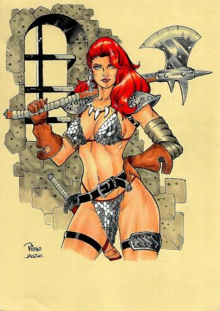 Red Sonja (09 " X12 ") And Unique 1/1 Comic Art By Diogo Macedo