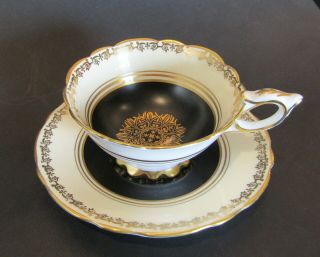 Vintage Royal Stafford Teacup And Saucer - Black Matte Interior With Soft Yellow