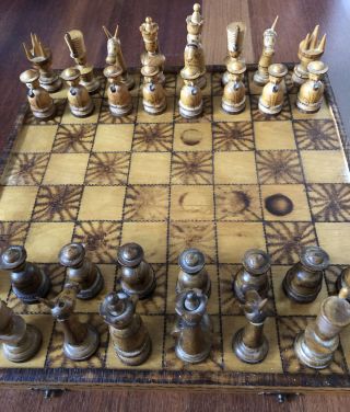 Vintage Rare Hand Carved Wooden Hungarian Or Eastern European Chess Set