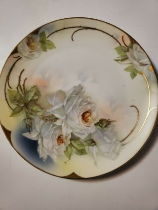 Antique Royal Rudolstadt Prussia White Roses Gilded Plate 8 1/2”