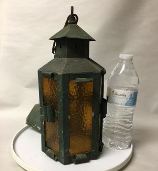 Vintage Arts & Crafts Mission Style Hanging Lamp Amber Glass Light