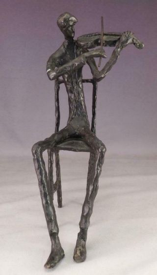 Vintage Mid Century Modern Bronze Sculpture Violinist After Giacometti Signed