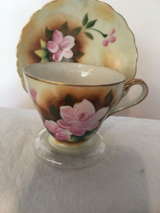 Vintage Tea Cup And Saucer Hand Painted Pink Flowers With Browns And Green (rare