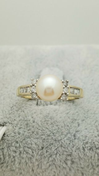 14k Gold Pearl Diamond Ring,  Estate Jewelry,  Vintage,  Size 6.  75,  14k Yellow Gold Yg
