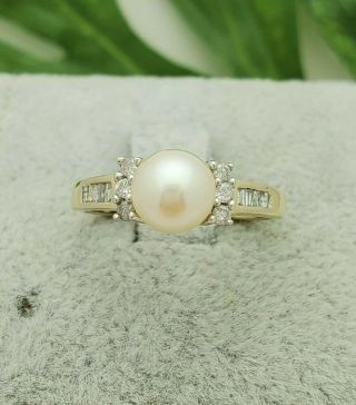 14K Gold Pearl Diamond Ring,  Estate Jewelry,  Vintage,  Size 6.  75,  14K Yellow Gold YG 2