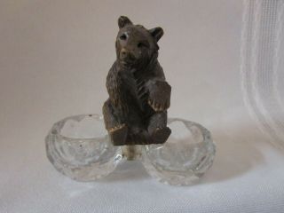 Vtg Black Forest Carved Seated Wood Bear On Top Of Glass Salt Cellar Ships