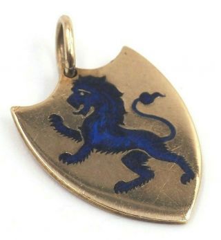 9ct Yellow Gold Shield Pendant With Blue Enamel Lion Unisex Vintage Jewellery