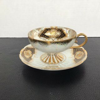 Vintage Royal Sealy China Opalescent Tea Cup And Saucer Ivory Black Gold Japan