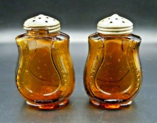 Scarce Antique Amber Glass Horseshoe Salt & Pepper Range Shakers 2