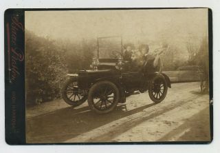 Antique Cabinet Photograph Of Two Girls & Dog In A Motor Car High Harrogate L3