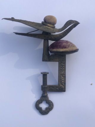 Vintage Victorian Brass Sewing Bird C - Clamp With 2 Pin Cushions.
