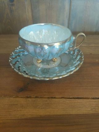 Vintage Royal Sealy China Japan Footed Tea Cup And Saucer Iridescent & Gold