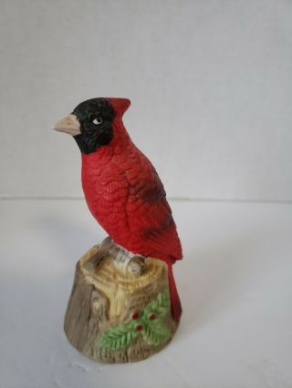 Vintage Bell Cardinal Red Bird On Tree Stump Porcelain Bisque By Jasco 4.  5 " Tall