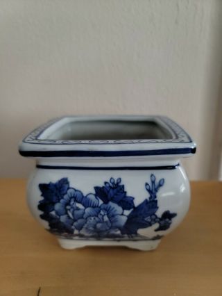 Vintage Blue And White Ceramic Porcelain Planter Pot Square Floral Handmad