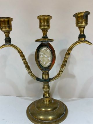 Vintage Ornate Brass Candelabra 3 Candlestick Antique Jade Asian Medallion