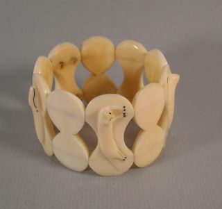 Wide Vintage Alaska Eskimo Inuit Hand Carved Stretch Bracelet