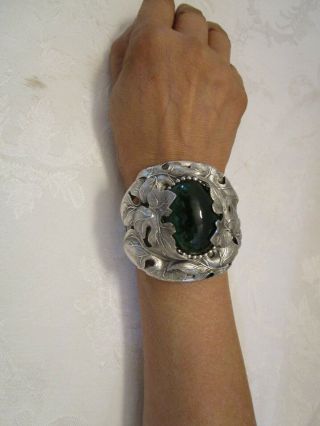 Silver Whiting & Davis Emerald Cabochon Bracelet Signed Hinged 1950 