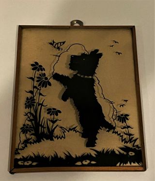 Two Vintage Reverse Painted Silhouette Scottie Dog Convex Glass Pictures 3