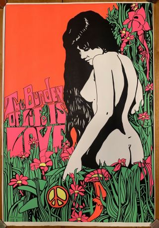 The Burden Of Life Is Love Vintage Blacklight Poster 1960’s 1969 Nude