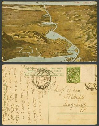 Egypt Gb Kg5 1/2d 1911 Old Colour Postcard Port Said Map Plan No.  1 Canal De Suez