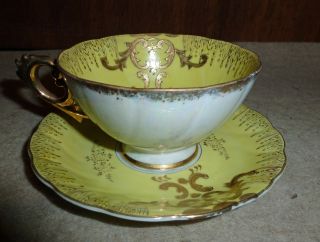 Vintage Royal Sealy Tea Cup & Saucer,  Iridescent Gold,  Yellow And White