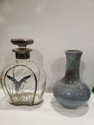 Antique Decorative Glass Bottle Inlaid With Silver And A Vase.