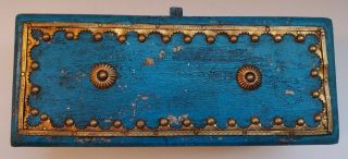 Distressed Antique Painted Finish Wood Tea Box Blue With Brass Trim Boarder