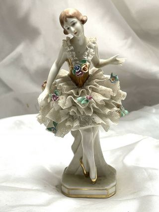 Vintage Spinning Porcelain Ballerina Lace Tutu Stands Ballet Dancer Figurine