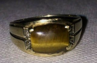 Heavy Vintage Solid 10k Yellow Gold Tiger’s Eye (w) 4 Diamonds Men’s Ring Size 9