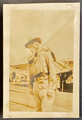 Snapshot World War 1 Soldier Wearing A Gas Mask (1 3/4” By 2 3/4”) Circa 1917