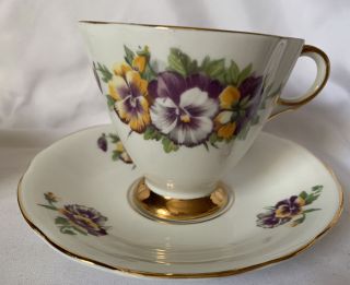 Clarence Bone China Made In England Tea Cup And Saucer Gold Trim Floral