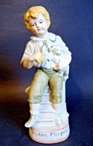 Vintage Bisque Porcelain Figurine Boy With Puppy Guten Morgen Pastel Colors