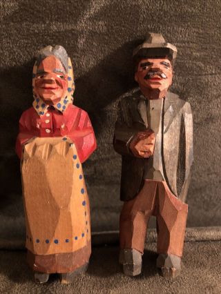 2 Vintage Wood Hand Carved Figures Man & Woman Couple 3 1/2” Tall