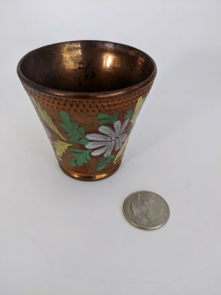 Antique Copper Lusterware Cup Handpainted Flowers Beaded Bands 2.  5 " Tall
