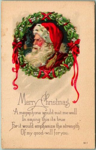 Vintage Christmas Postcard Santa Claus Smoking Pipe / Holly Wreath 1923 Cancel