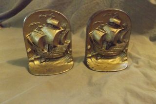 Antique Painted Cast Metal Galleon Book Ends Signed Snead & Co Jersey City Heavy