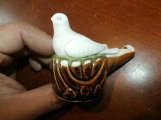 Vintage Antique Porcelain Bisque Bird Dove Whistle W/ Brown Glaze Base