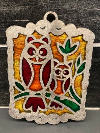 Vtg Cast Iron Owl Trivet Orange Yellow Green Red Stained Glass Look Mcm Retro
