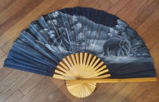 Large Wall Fan,  Hand Painted Elephants On Black Fabric.  40 " By 24 " Vintage