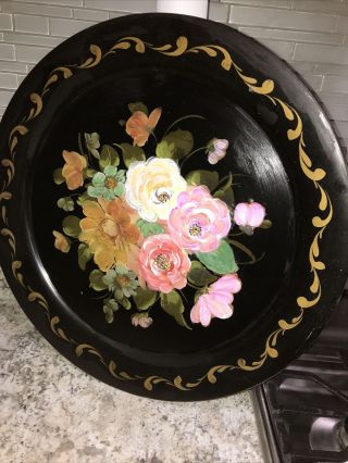 Large Vintage Toleware Serving Tray Hand Painted Floral Gold Gilt 19” Round Rare