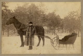 Vintage Cabinet Card Winter Photo Of Man In A Fur Coat With Horse Drawn Sleigh