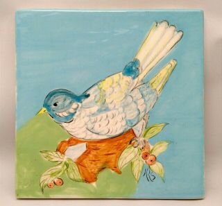 Vintage 1973 Hand Painted Glazed Ceramic Tile Blue Bird & Nest 6 " X6 " Signed Hrs