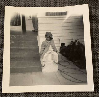 Cute African American Kid Cap Sitting On Steps Vintage 1960s B&w Photograph