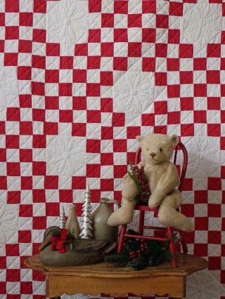 Christmas Perfect Vintage Red & White Irish Chain Quilt 78x67