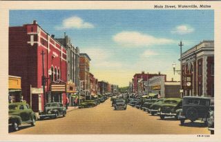 Linen Postcard,  Old Cars Looking Down Main Street,  Waterville,  Maine