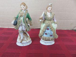 Vtg Rare Made In Occupied Japan Porcelain Victorian Couple Figurines Lace Trim