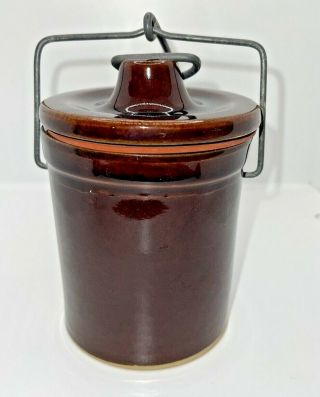 Vintage Brown Glazed Stoneware Cheese/butter Crock With Locking Wire Bale Lid